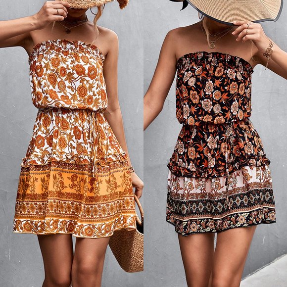 Women's Bohemian Floral Print Strapless Dress Summer Beach Dress - Picture 1 of 8